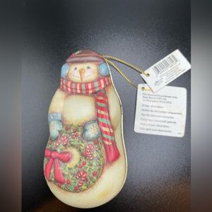 Vintage Russ Berrie Snowman Tin Tree Ornament-Made in UK. .Tags still Attached